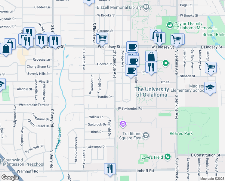 map of restaurants, bars, coffee shops, grocery stores, and more near 1616 Chautauqua Avenue in Norman