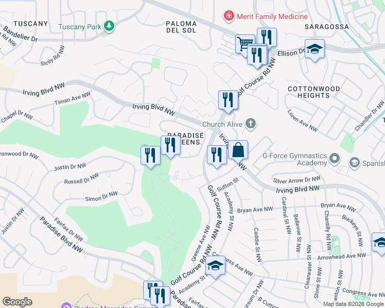 map of restaurants, bars, coffee shops, grocery stores, and more near 10101 Loveland Drive Northwest in Albuquerque
