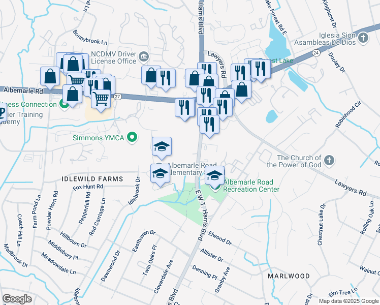 map of restaurants, bars, coffee shops, grocery stores, and more near 8926 East W.T. Harris Boulevard in Charlotte
