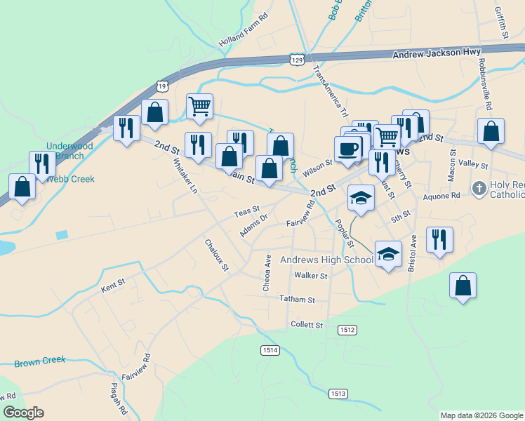 map of restaurants, bars, coffee shops, grocery stores, and more near 175 Teas Street in Andrews