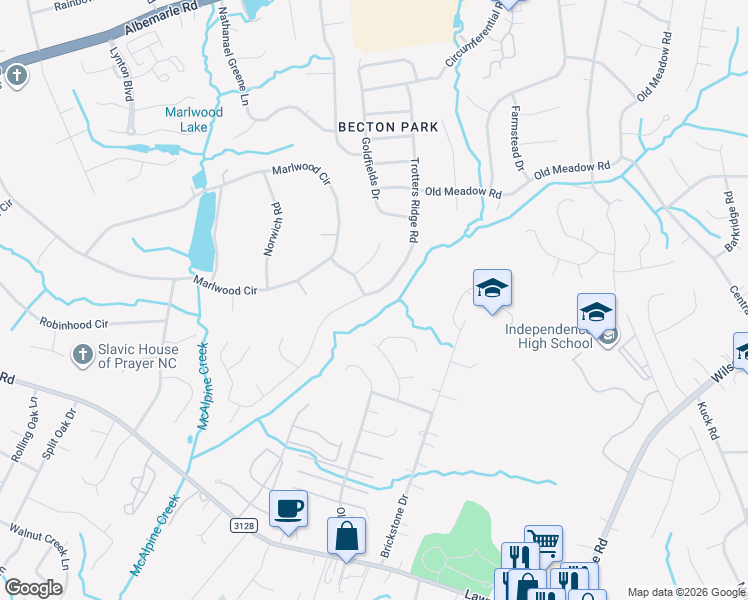 map of restaurants, bars, coffee shops, grocery stores, and more near 6006 Trotters Ridge Road in Charlotte