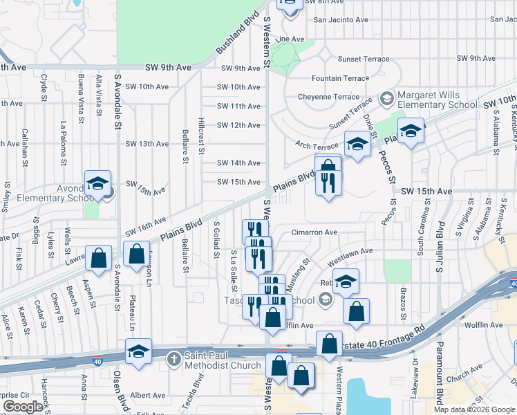 map of restaurants, bars, coffee shops, grocery stores, and more near 1600 S Western St in Amarillo
