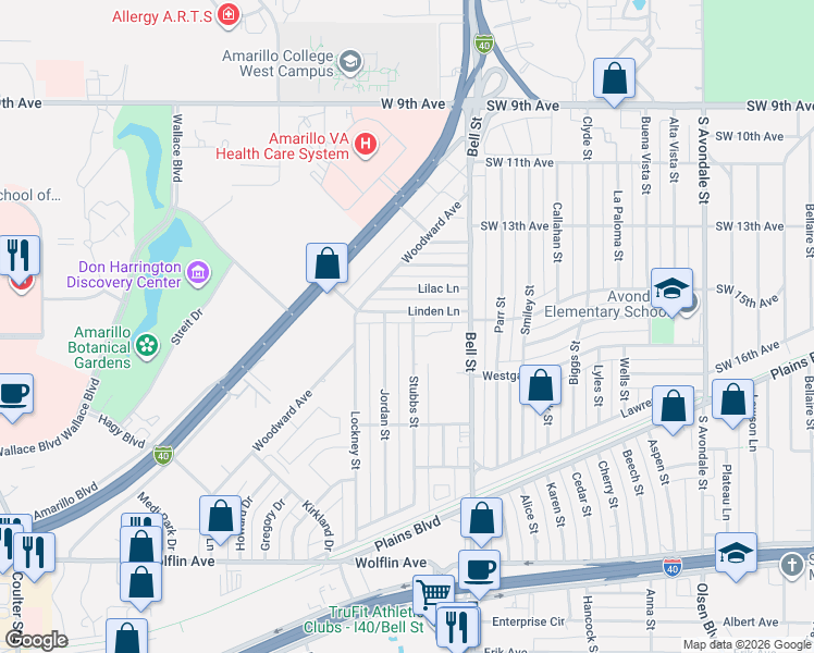 map of restaurants, bars, coffee shops, grocery stores, and more near 6025 Linden Lane in Amarillo