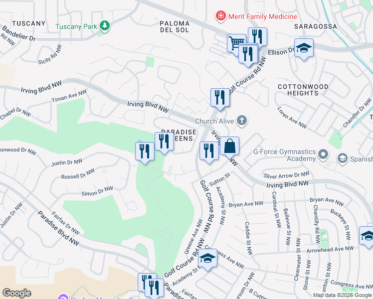 map of restaurants, bars, coffee shops, grocery stores, and more near 10101 Loveland Drive Northwest in Albuquerque
