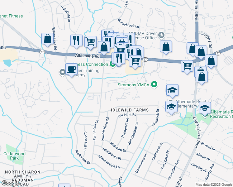map of restaurants, bars, coffee shops, grocery stores, and more near 5909 Farm Pond Lane in Charlotte