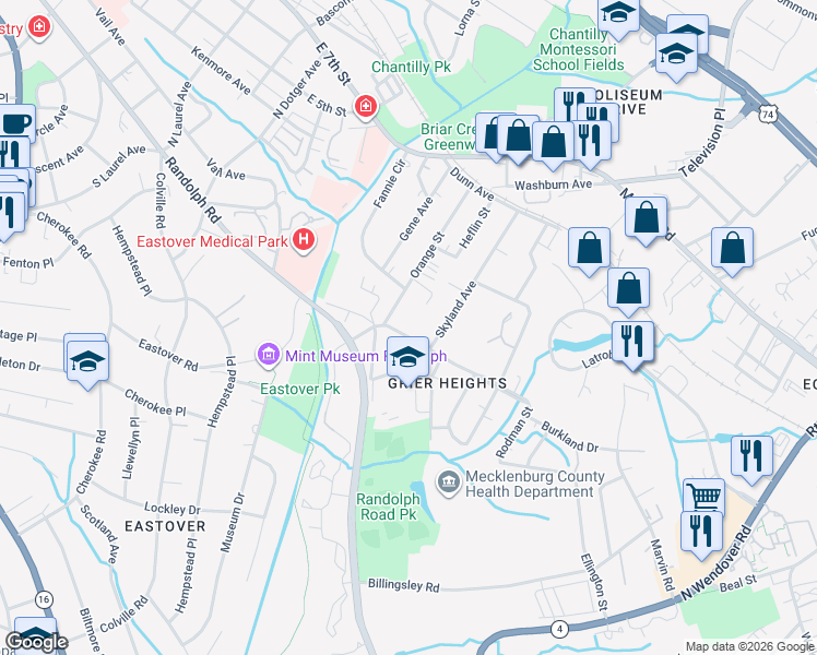 map of restaurants, bars, coffee shops, grocery stores, and more near in Charlotte