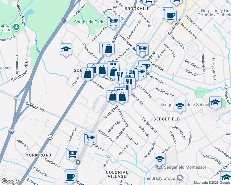 map of restaurants, bars, coffee shops, grocery stores, and more near in Charlotte