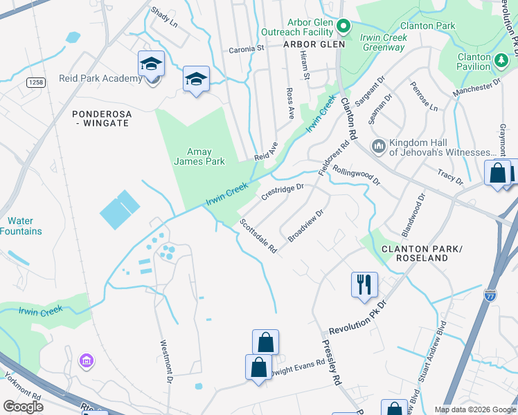map of restaurants, bars, coffee shops, grocery stores, and more near 3932 Sunnycrest Lane in Charlotte
