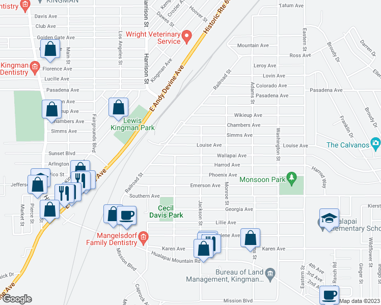 map of restaurants, bars, coffee shops, grocery stores, and more near 2431 Walapai Avenue in Kingman