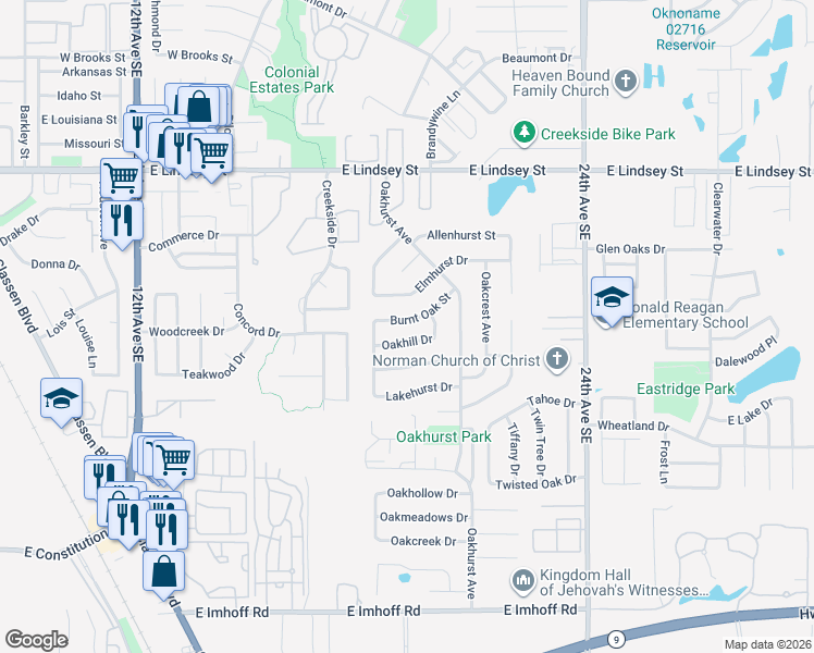 map of restaurants, bars, coffee shops, grocery stores, and more near 1829 Burnt Oak Street in Norman