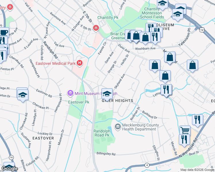 map of restaurants, bars, coffee shops, grocery stores, and more near in Charlotte