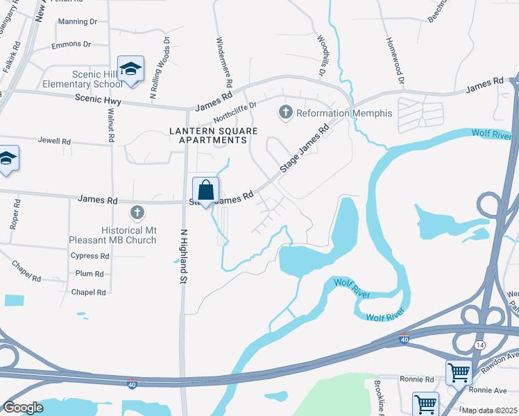 map of restaurants, bars, coffee shops, grocery stores, and more near 2691 Drury Way Lane in Memphis