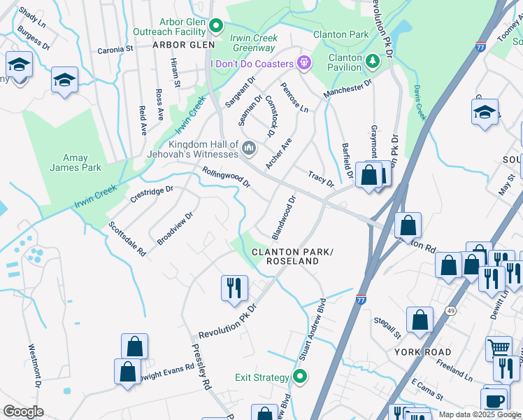 map of restaurants, bars, coffee shops, grocery stores, and more near 3812 Manchester Drive in Charlotte