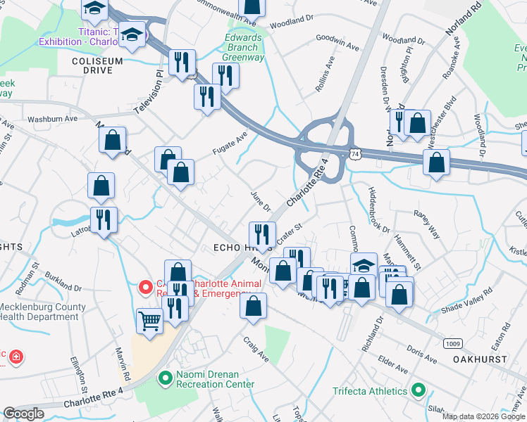 map of restaurants, bars, coffee shops, grocery stores, and more near 3415 June Drive in Charlotte