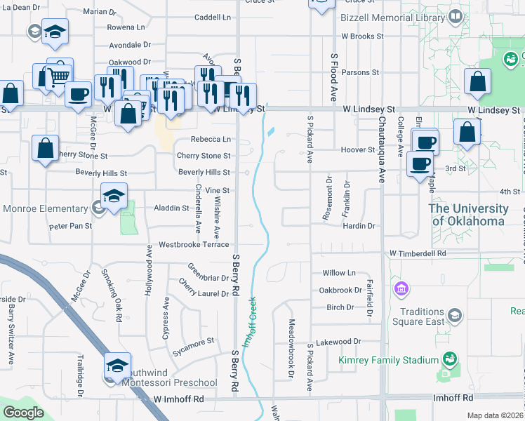 map of restaurants, bars, coffee shops, grocery stores, and more near 1609 South Berry Road in Norman