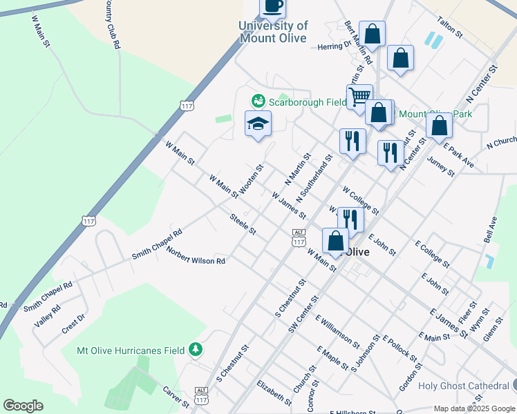 map of restaurants, bars, coffee shops, grocery stores, and more near 502 West Main Street in Mount Olive