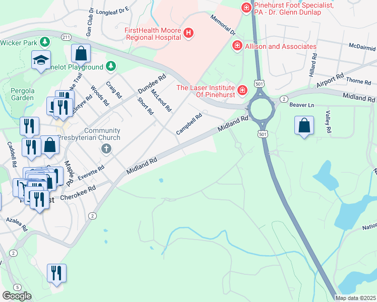 map of restaurants, bars, coffee shops, grocery stores, and more near 220 Midland Road in Pinehurst