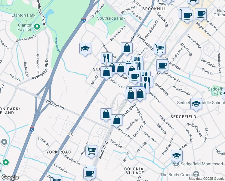 map of restaurants, bars, coffee shops, grocery stores, and more near 3201 South Tryon Street in Charlotte