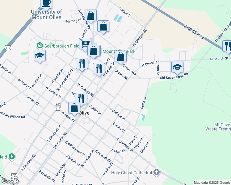 map of restaurants, bars, coffee shops, grocery stores, and more near 601 North Church Street in Mount Olive