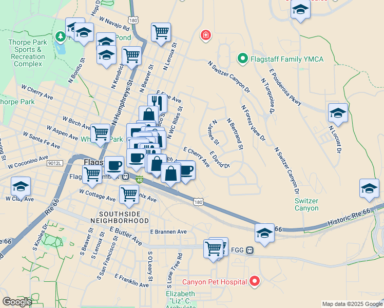 map of restaurants, bars, coffee shops, grocery stores, and more near 224 North Elden Street in Flagstaff