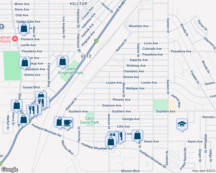 map of restaurants, bars, coffee shops, grocery stores, and more near 2436 Louise Avenue in Kingman