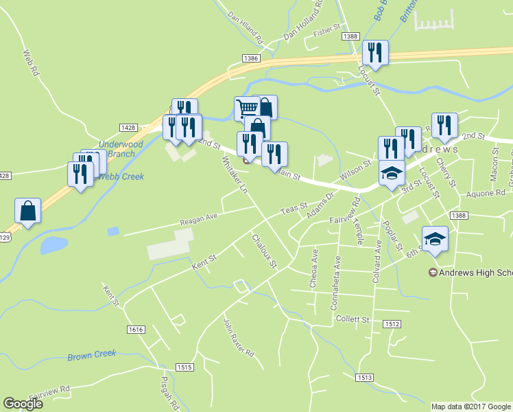 map of restaurants, bars, coffee shops, grocery stores, and more near 277 Whitaker Lane in Andrews