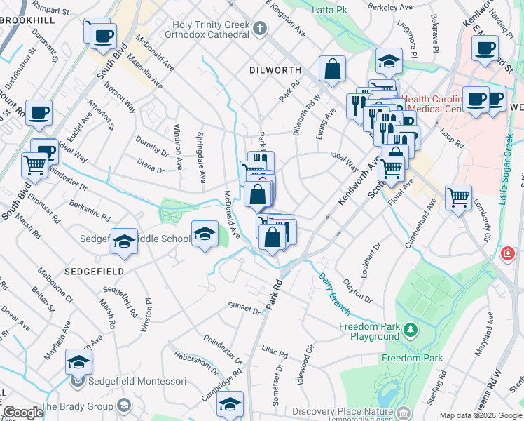 map of restaurants, bars, coffee shops, grocery stores, and more near in Charlotte