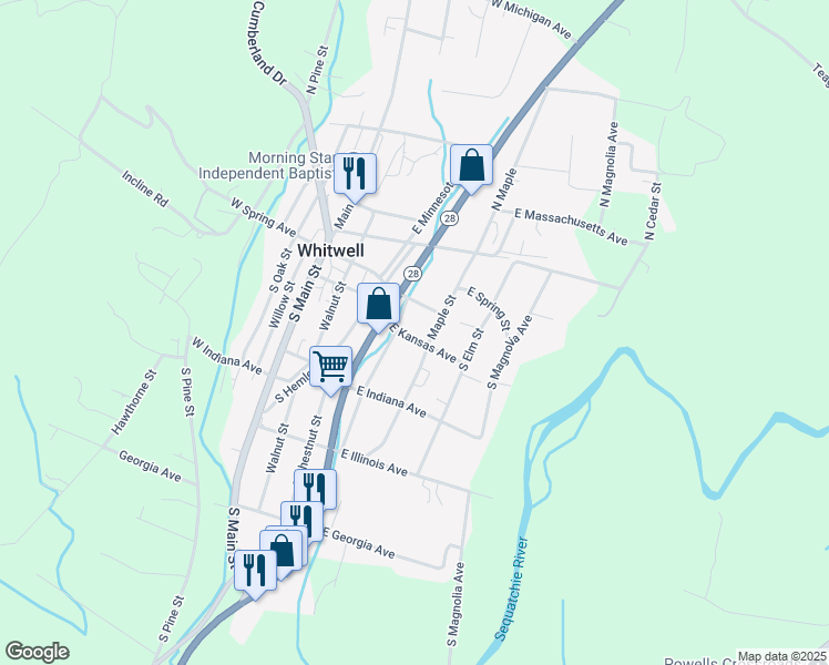map of restaurants, bars, coffee shops, grocery stores, and more near 400 S Spruce St in Whitwell