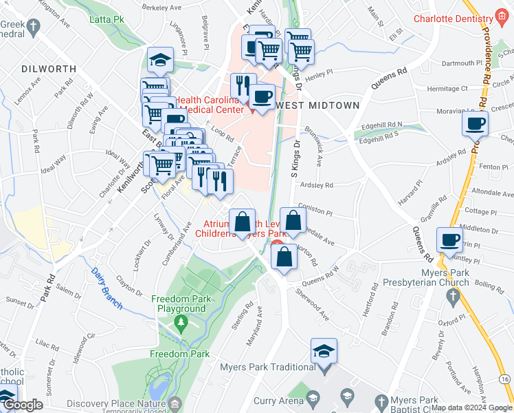 map of restaurants, bars, coffee shops, grocery stores, and more near 1700 Lombardy Circle in Charlotte