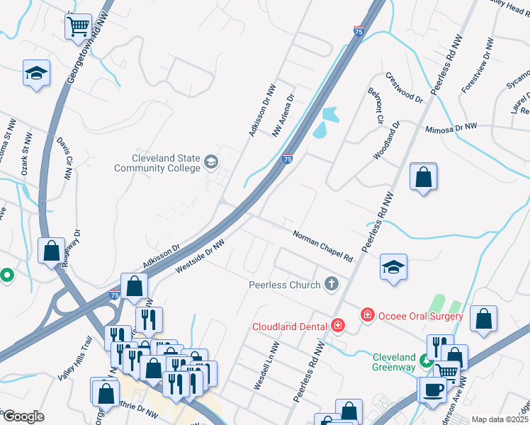 map of restaurants, bars, coffee shops, grocery stores, and more near 1270 Norman Chapel Rd NW in Cleveland