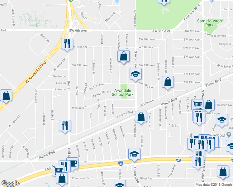 map of restaurants, bars, coffee shops, grocery stores, and more near 5203 George Terrace in Amarillo