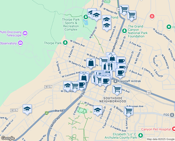 map of restaurants, bars, coffee shops, grocery stores, and more near 417 West Santa Fe Avenue in Flagstaff