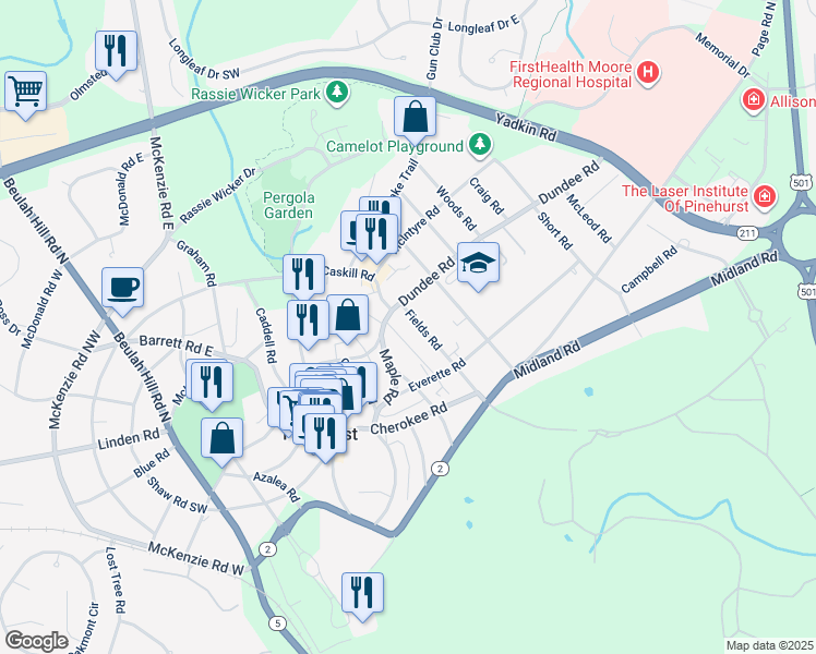 map of restaurants, bars, coffee shops, grocery stores, and more near 115 Fields Road in Pinehurst