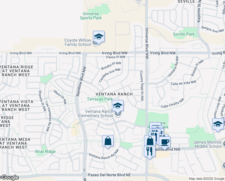 map of restaurants, bars, coffee shops, grocery stores, and more near 6823 Deerbourne Road in Albuquerque