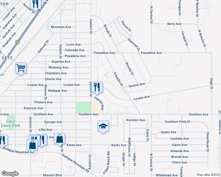 map of restaurants, bars, coffee shops, grocery stores, and more near 3065 Louise Avenue in Kingman
