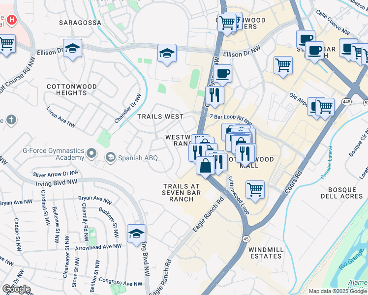 map of restaurants, bars, coffee shops, grocery stores, and more near 10001 Coors Bypass Northwest in Albuquerque
