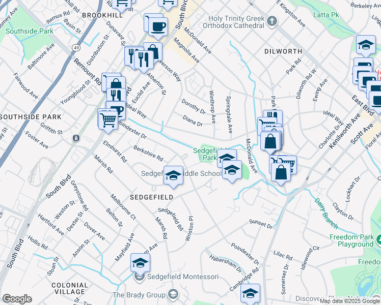 map of restaurants, bars, coffee shops, grocery stores, and more near 513 Poindexter Cir in Charlotte