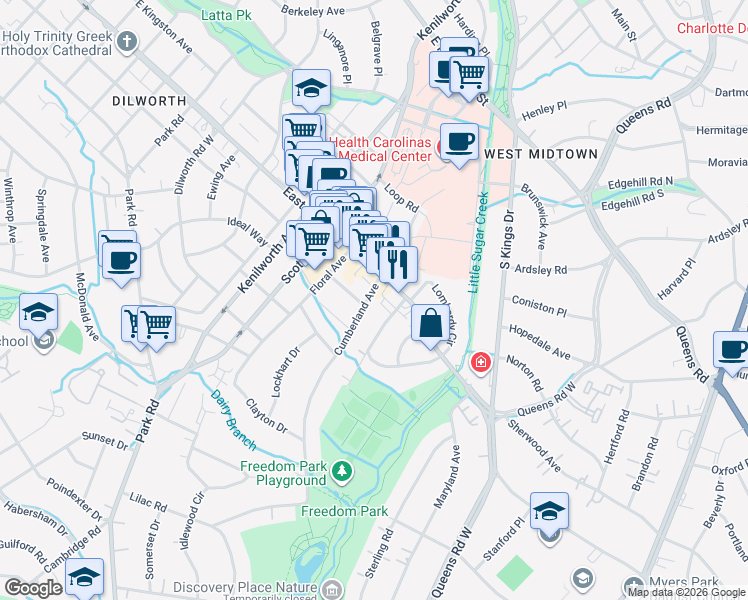 map of restaurants, bars, coffee shops, grocery stores, and more near 1828 Cumberland Avenue in Charlotte