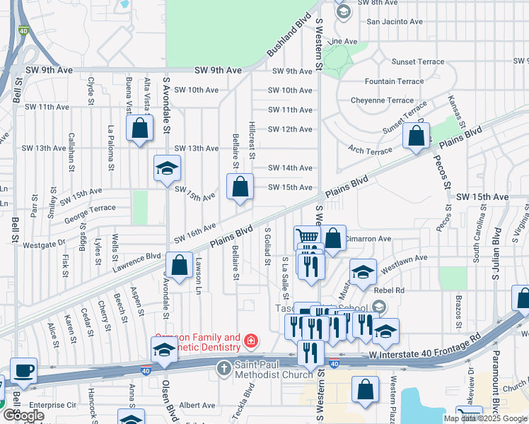 map of restaurants, bars, coffee shops, grocery stores, and more near 4231 Southwest 16th Avenue in Amarillo