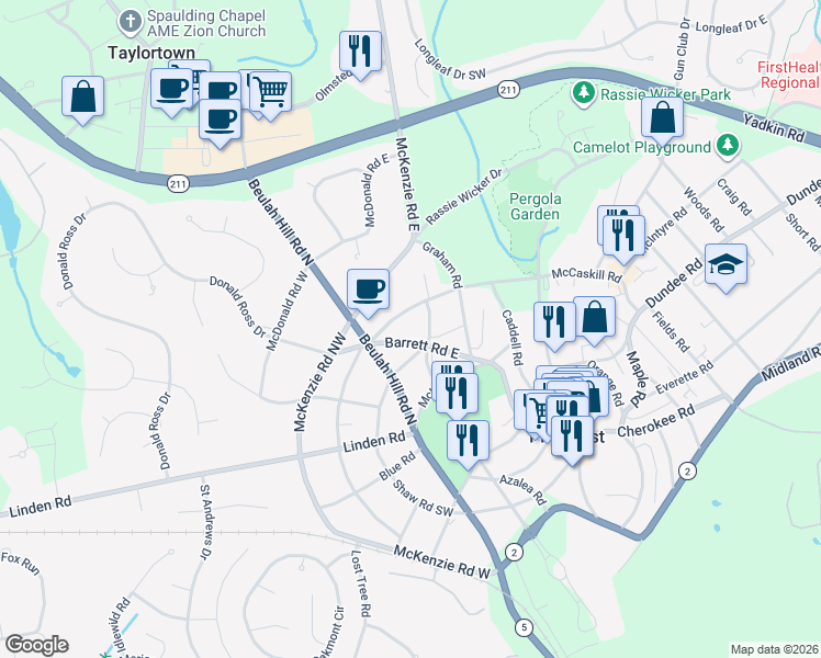 map of restaurants, bars, coffee shops, grocery stores, and more near 15 Barrett Road East in Pinehurst