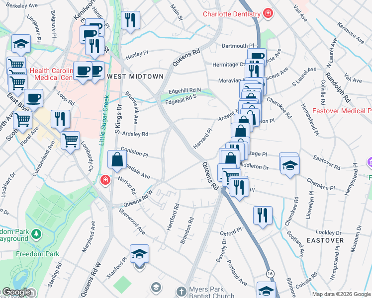 map of restaurants, bars, coffee shops, grocery stores, and more near 1198 Queens Road in Charlotte