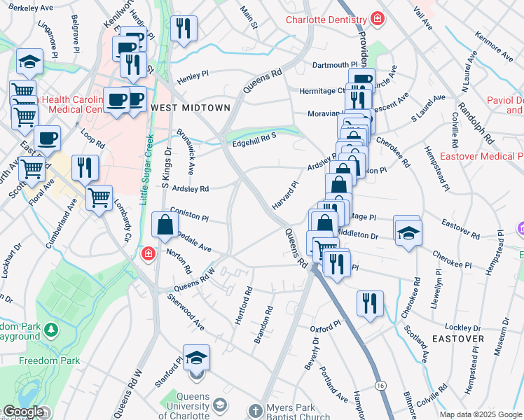 map of restaurants, bars, coffee shops, grocery stores, and more near 1198 Queens Road in Charlotte