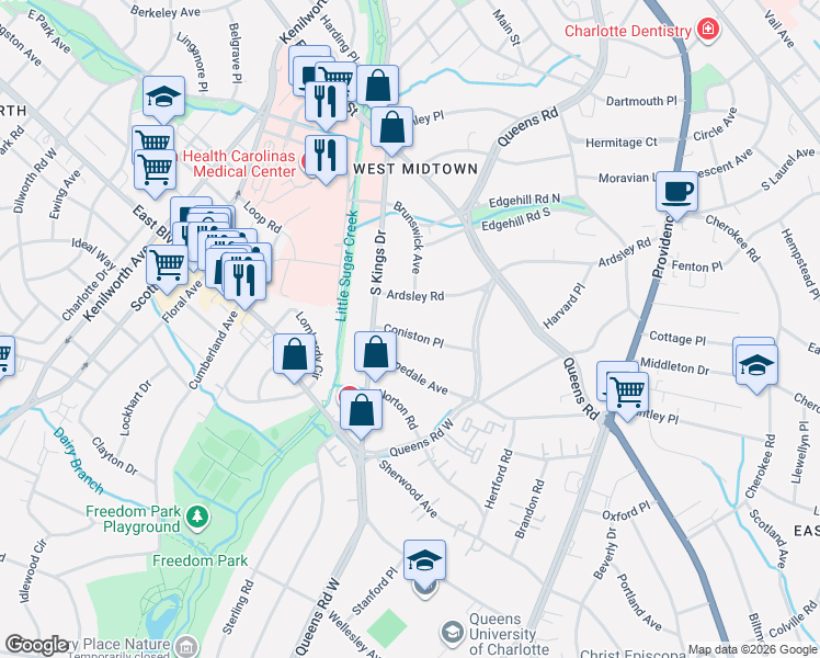 map of restaurants, bars, coffee shops, grocery stores, and more near 2027 Coniston Place in Charlotte