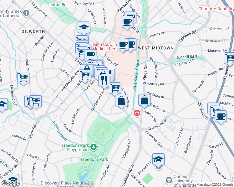 map of restaurants, bars, coffee shops, grocery stores, and more near in Charlotte