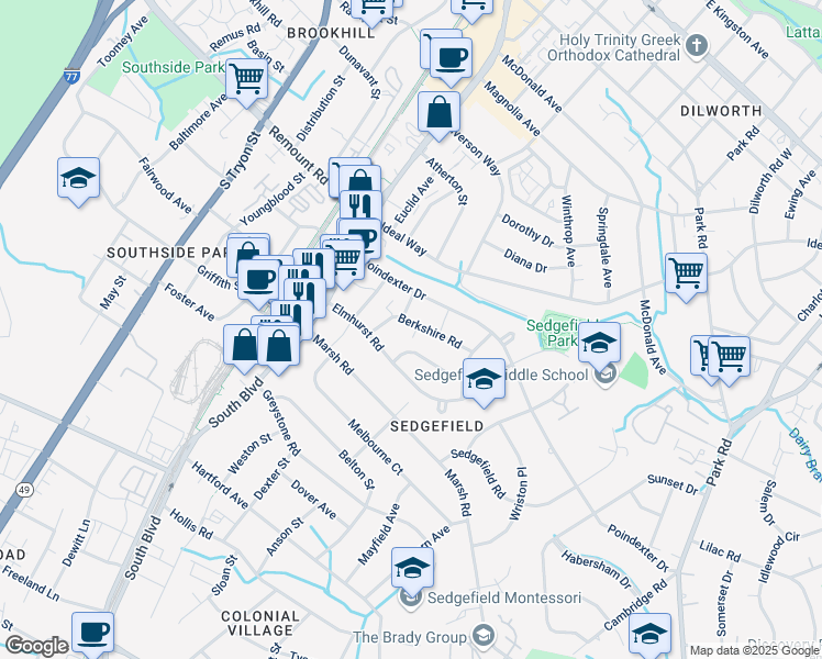 map of restaurants, bars, coffee shops, grocery stores, and more near in Charlotte