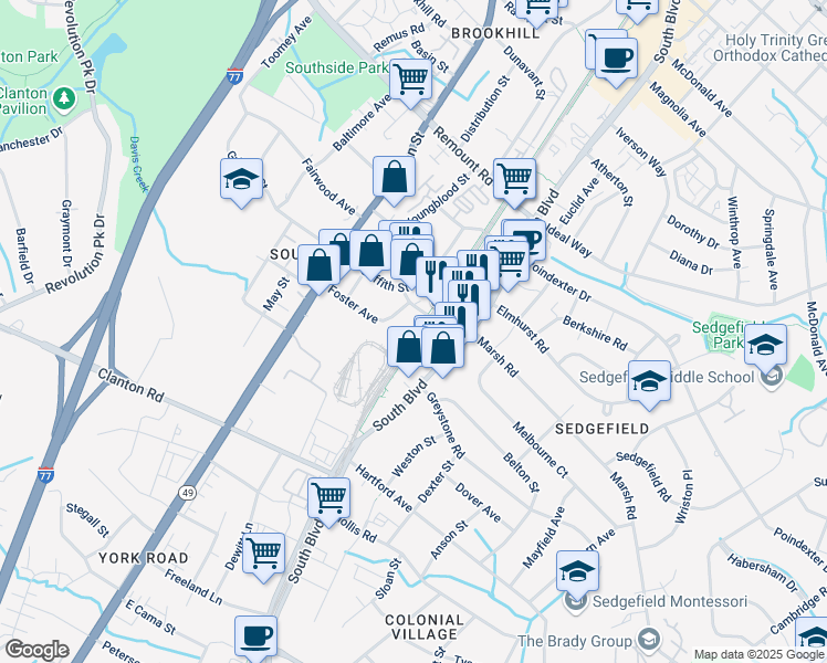 map of restaurants, bars, coffee shops, grocery stores, and more near 324 New Bern Station Court in Charlotte