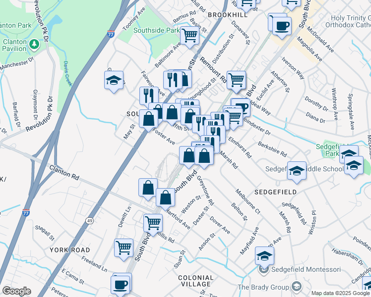 map of restaurants, bars, coffee shops, grocery stores, and more near 120 New Bern Street in Charlotte
