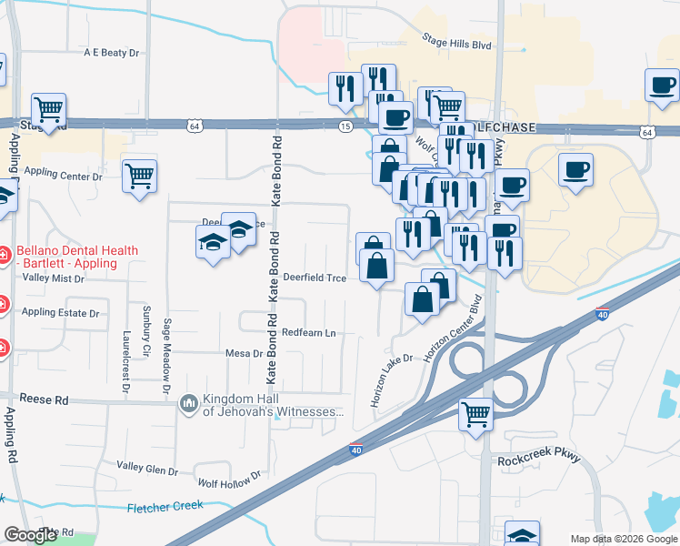map of restaurants, bars, coffee shops, grocery stores, and more near 2686 Deer Glade Lane in Memphis