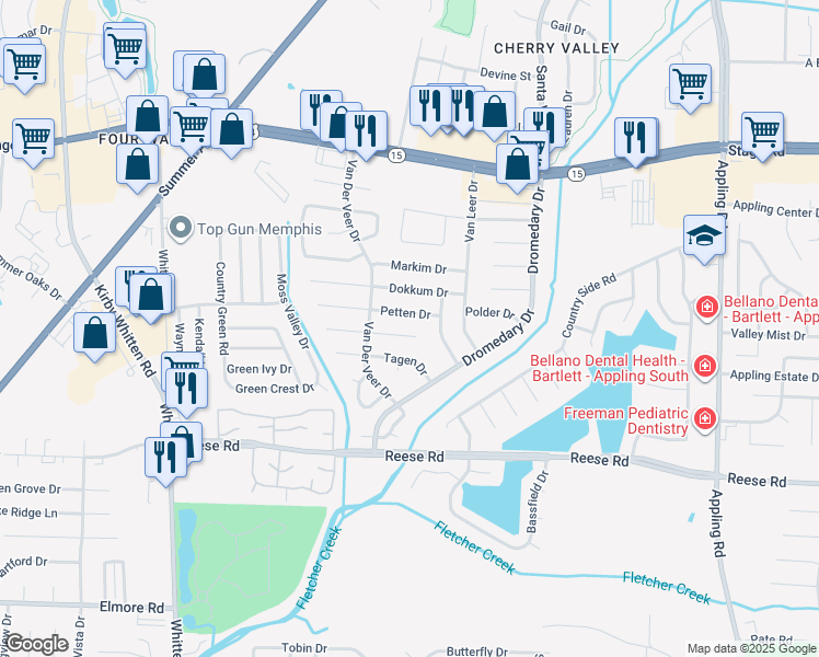 map of restaurants, bars, coffee shops, grocery stores, and more near 7070 Texel Cove in Memphis