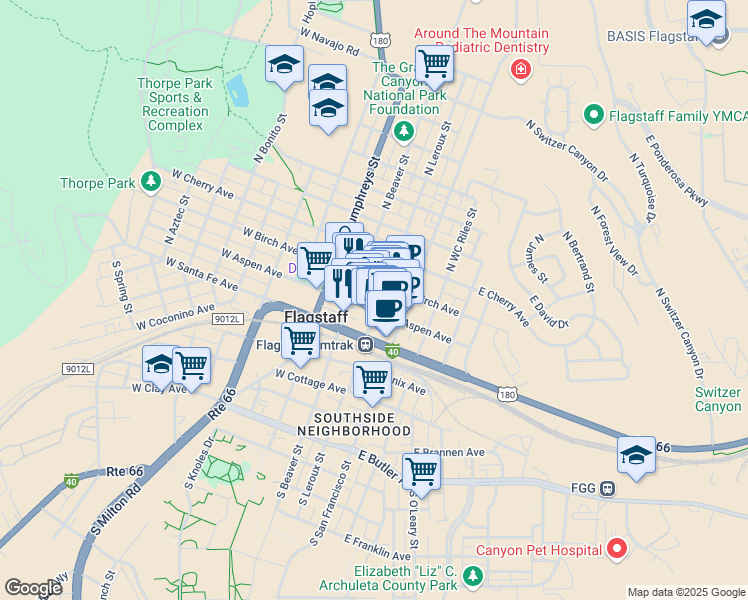 map of restaurants, bars, coffee shops, grocery stores, and more near 24 West Aspen Avenue in Flagstaff